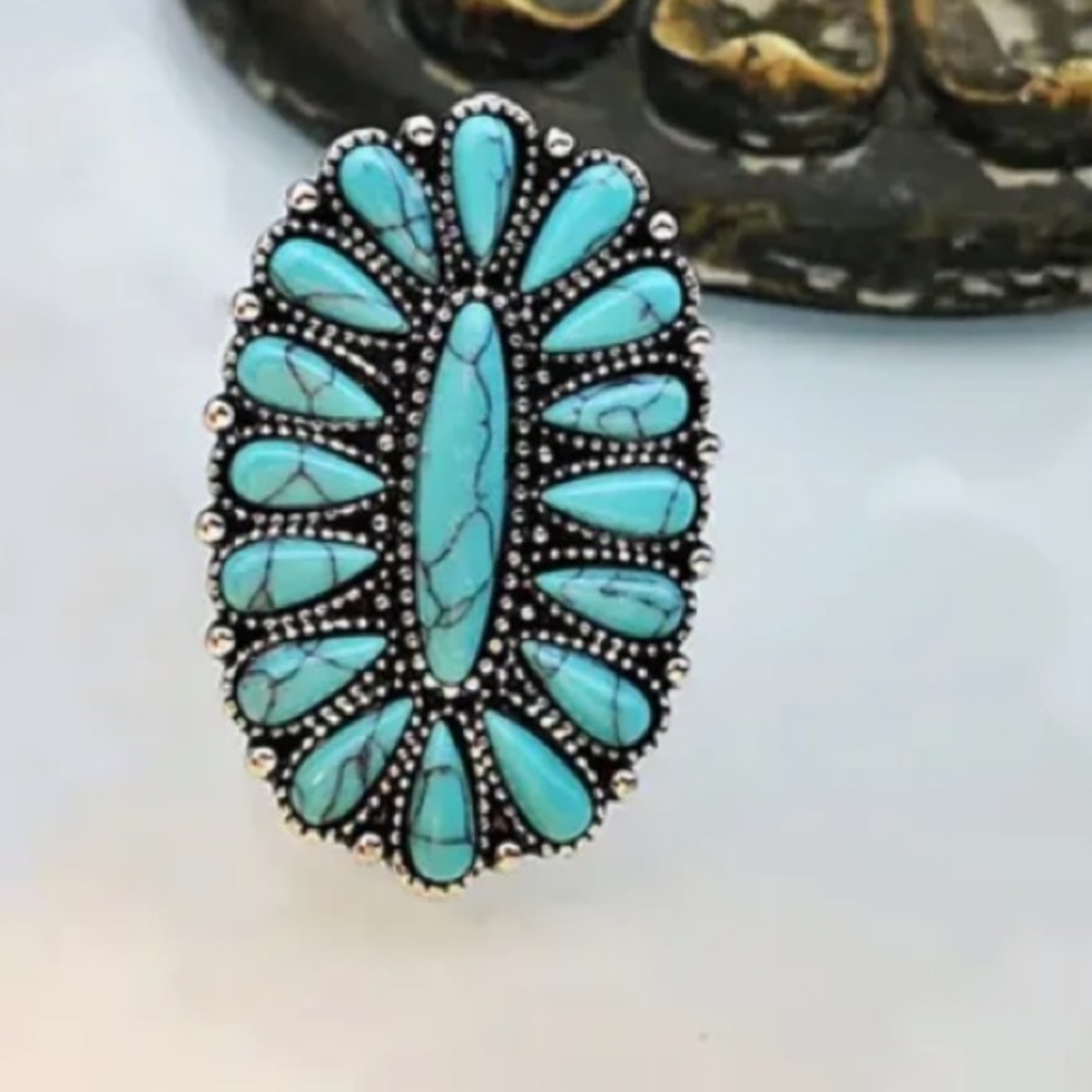 Boho Squash Blossom Natural Stone Cuff Ring - Picture 2 of 8